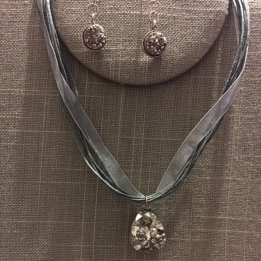 Custom made gray shimmery rock earrings and choker