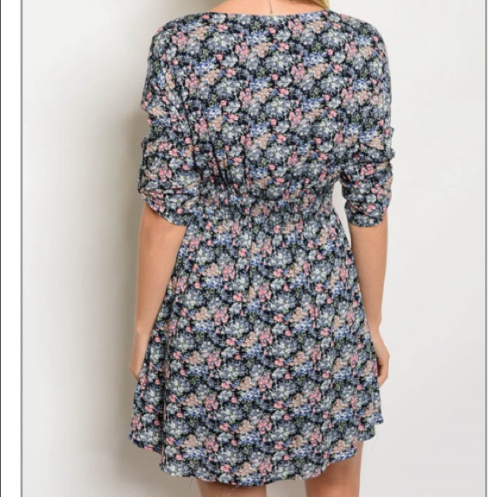 Navy & pink print smock waist printed dress, NEW! - Picture 2 of 8