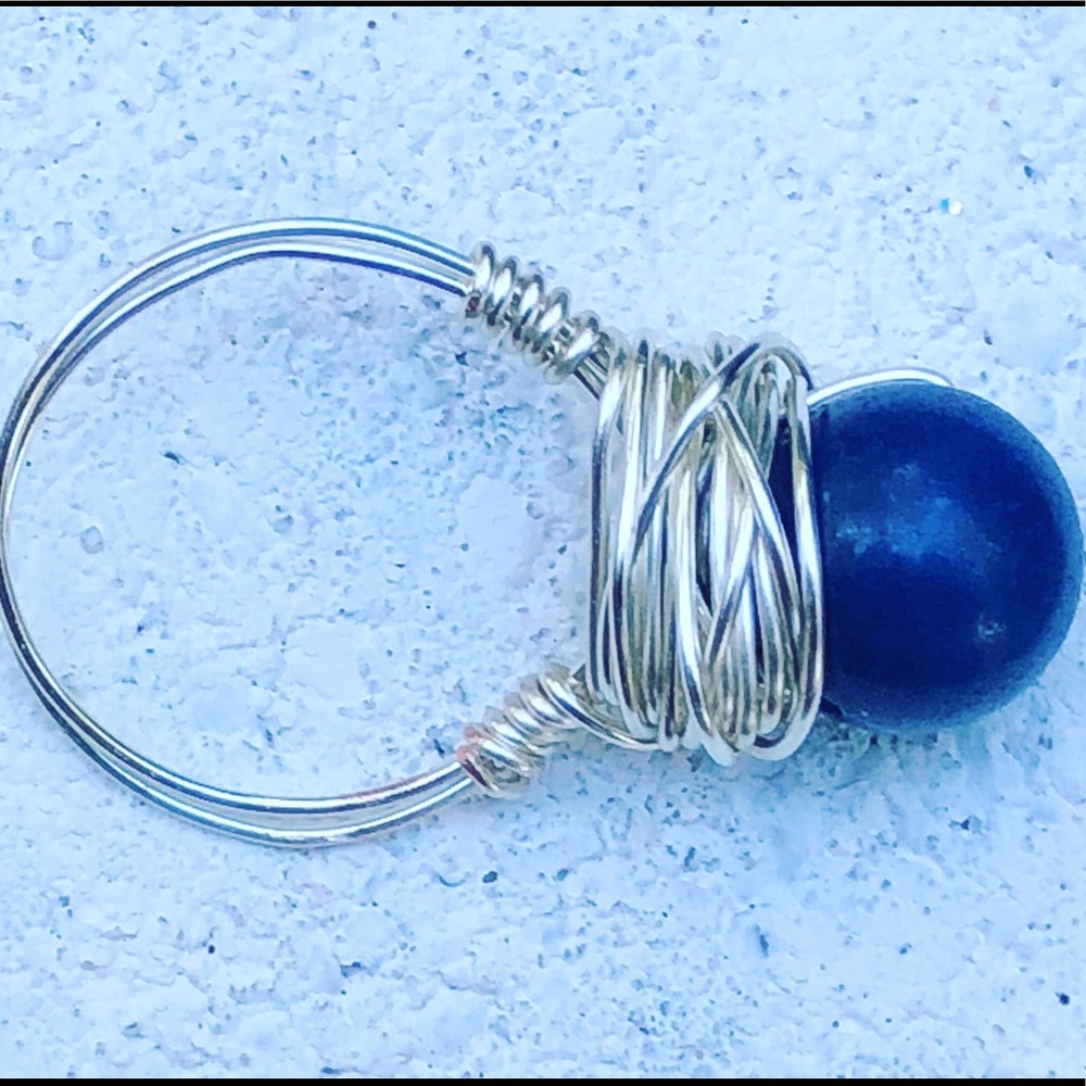 Blue Jade stone Silver wire wrap Ring