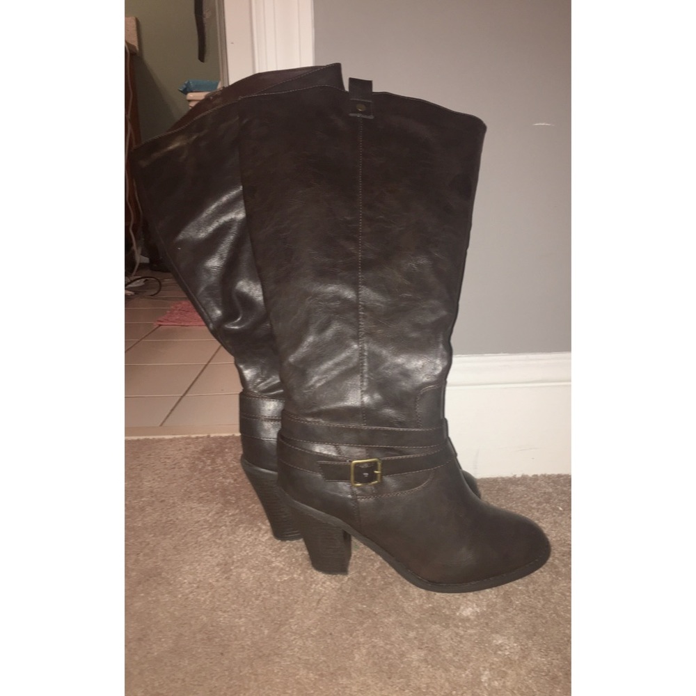 Dark Brown Leather Heeled Boots - WIDE CALF