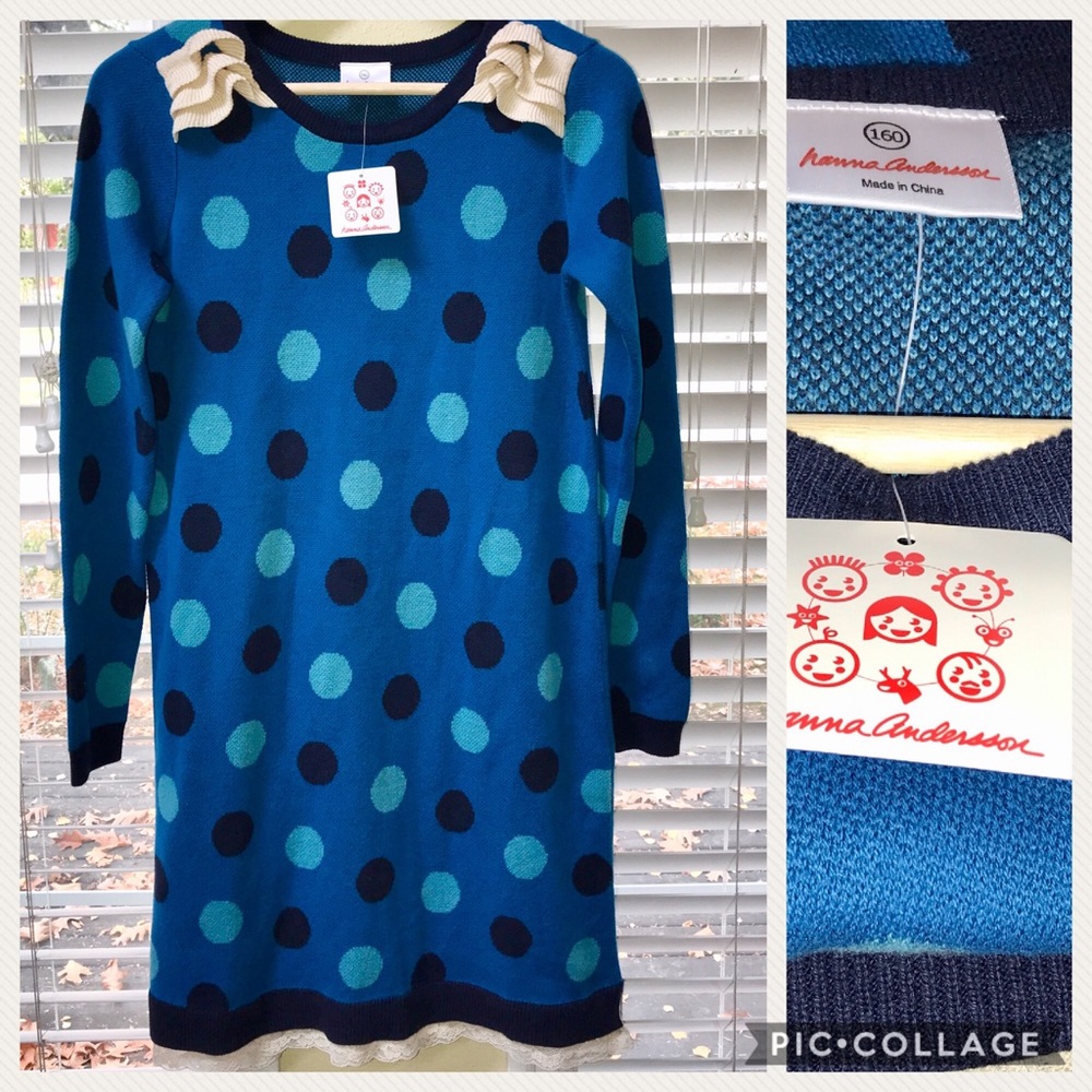 ❄️ NWT sweater dress blue dots & lace girls 14 ❄️