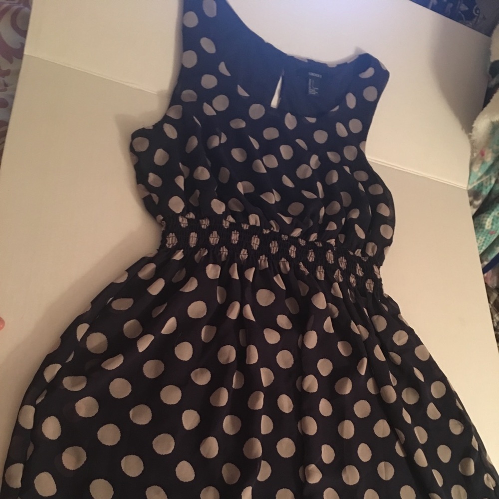 Navy blue dress with tan polka dots