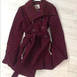 Guess burgundy belted peacoat