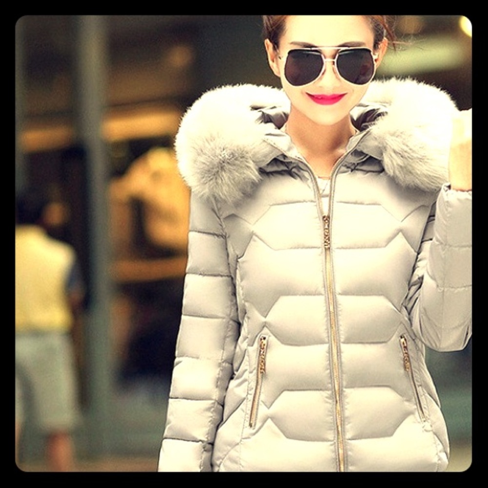 Down Jacket, Padded Large Fur Collor With Hoody