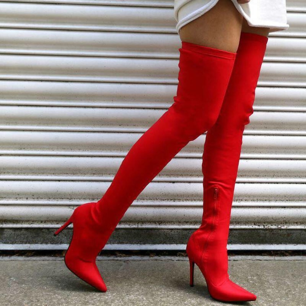 Red Stretch Thigh High Boots