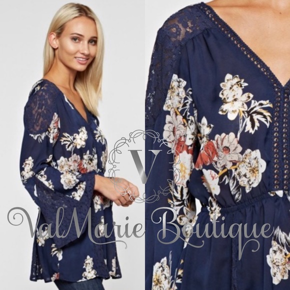 Navy Kimono Floral Blouse Top - Picture 2 of 2