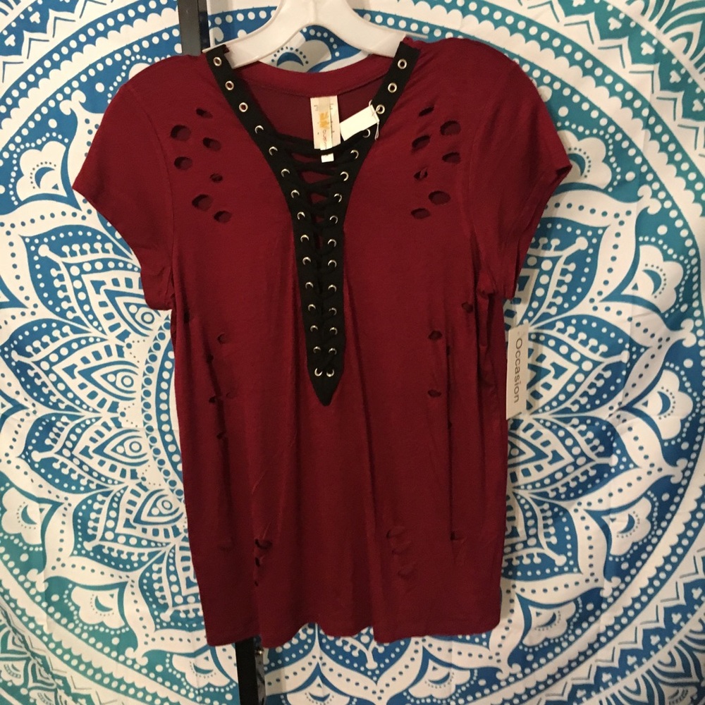 Burgundy cut out lace front top