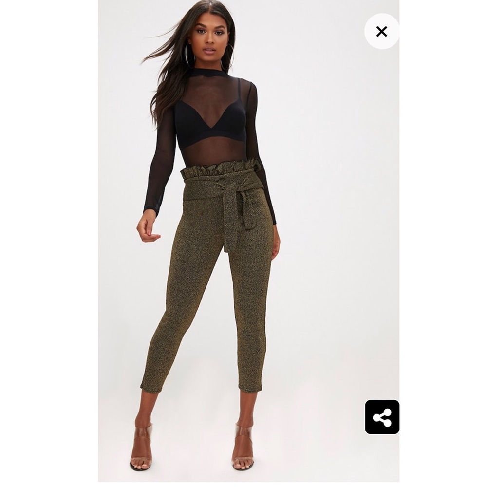 Gold metallic paperbag waist skinny pants new 6