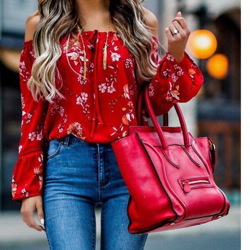 NWOT b b Dakota red floral off shoulder blouse