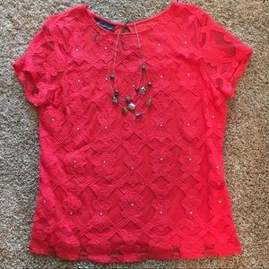 Lacy & Sparkly Coral Cap Sleeve Top