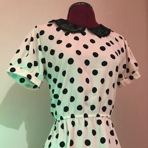 Polka Dot Blouse with Black Lace Peter Pan Collar
