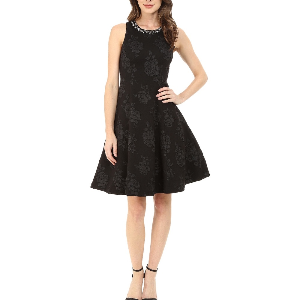 NWOT Maggy London black rose dress, jeweled neck