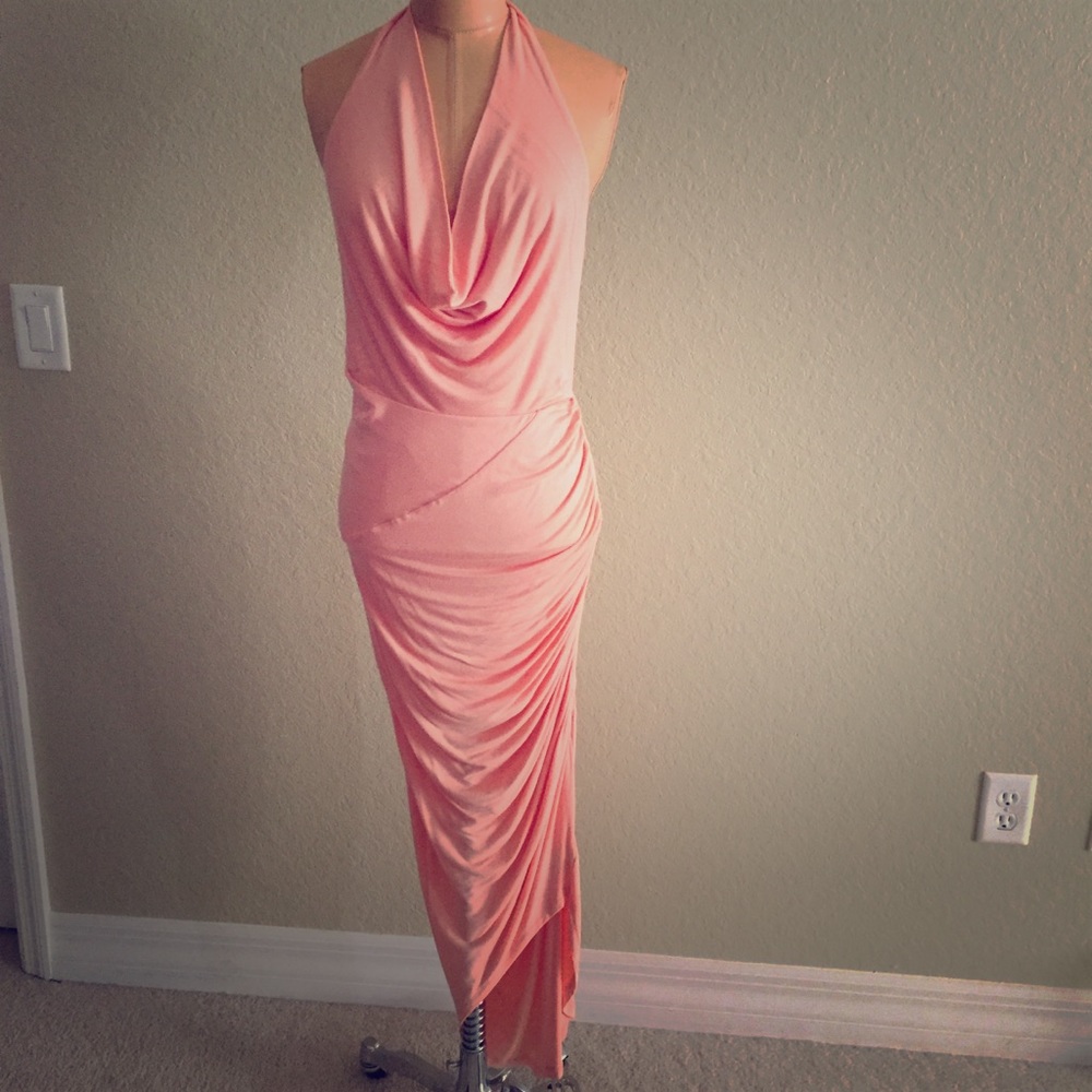 Bebe Halter Backless Asymmetrical Gown