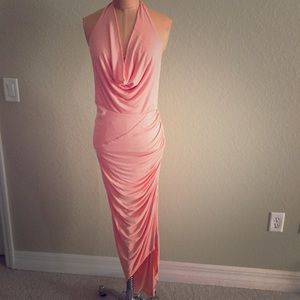 Bebe Halter Backless Asymmetrical Gown