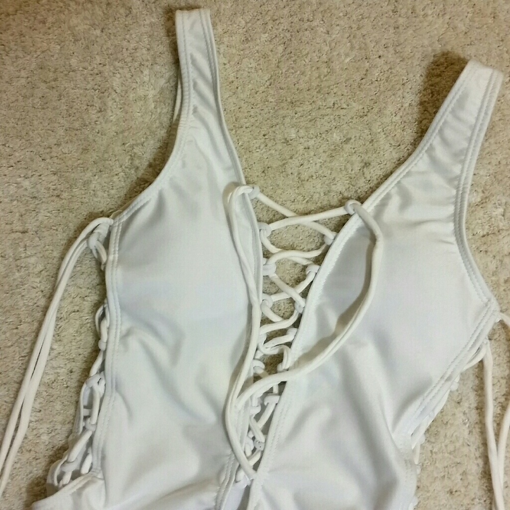 Womens White Lace Up One Piece Bathing Suit