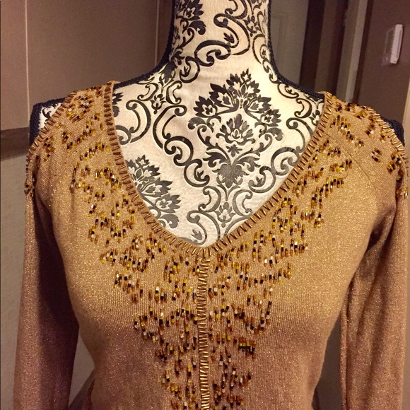 Cache' Shimmer Cold Shoulder Beaded Sweater - Picture 3 of 5