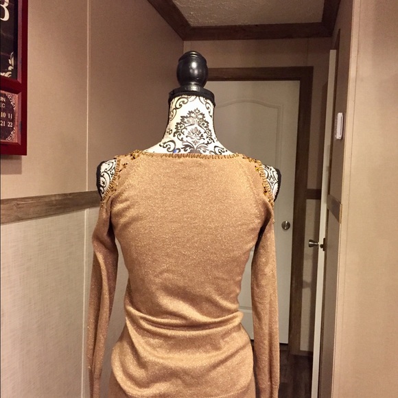 Cache' Shimmer Cold Shoulder Beaded Sweater - Picture 5 of 5