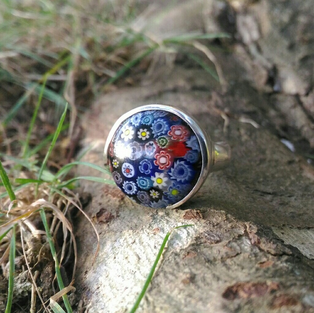 sterling silver millefiori blue glass ring