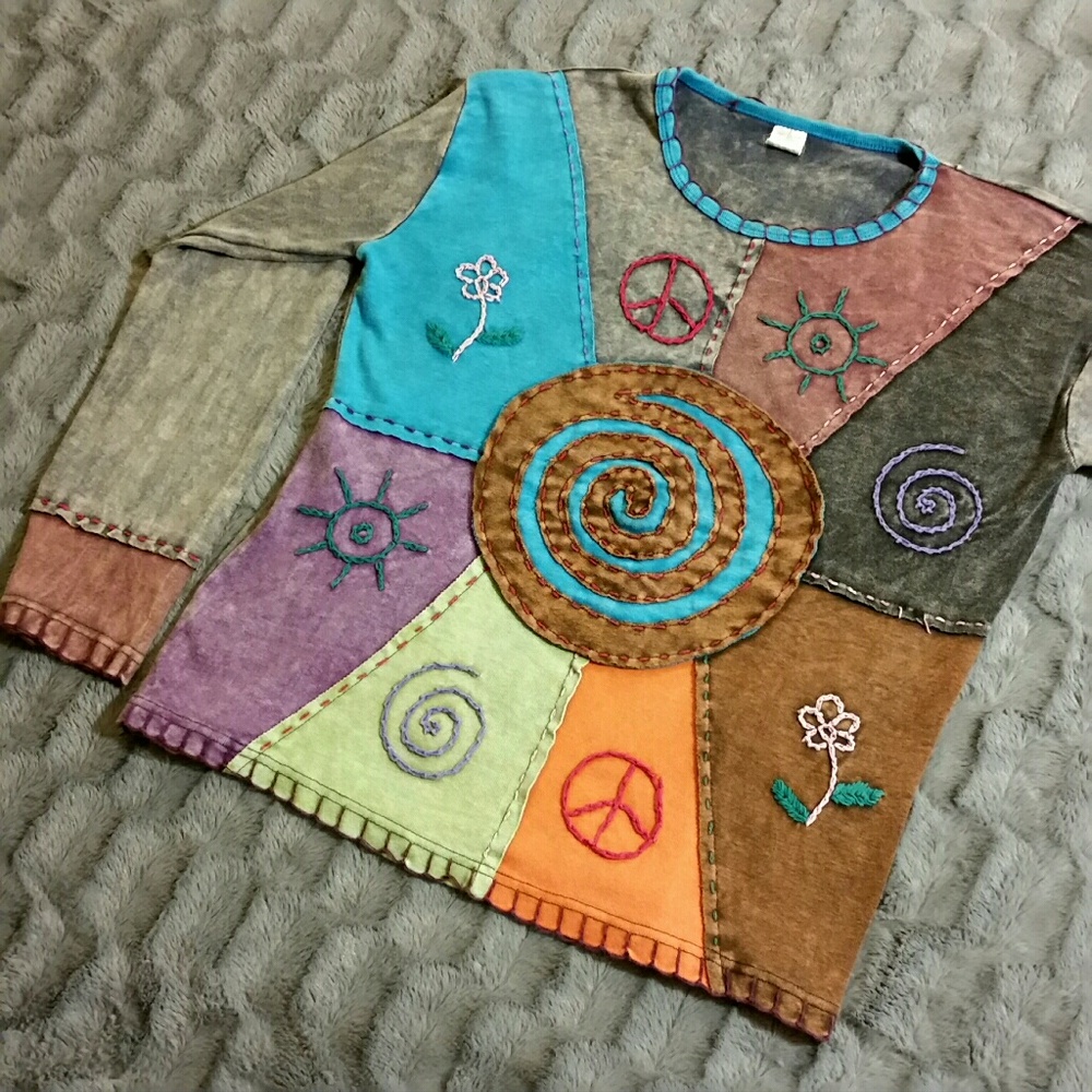 Long Sleeve Boho Patchwork Sweater - M/L