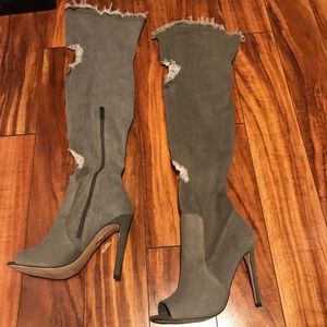 Over the knee denim Open toe boots