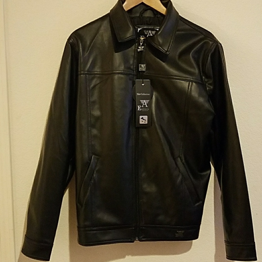 New Black Faux Leather Zip Up Jacket Armani Style