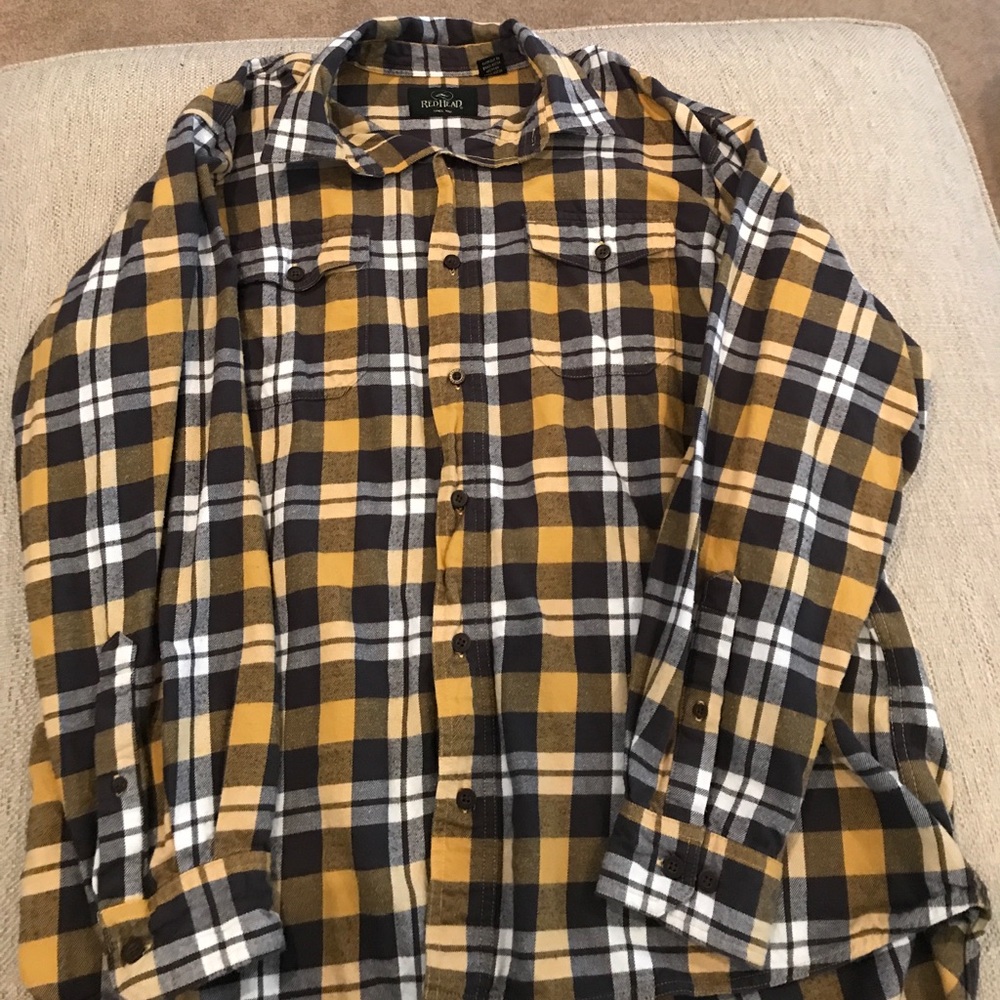 Yellow gray and white plaid redhead button up