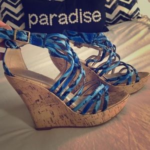 Blue snakeskin strappy wedges