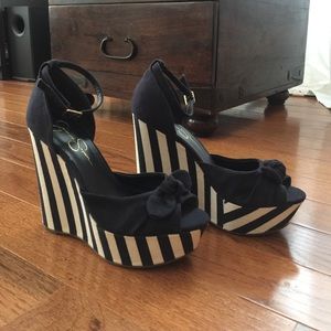 Jessica Simpson Navy and White Stripped Wedges