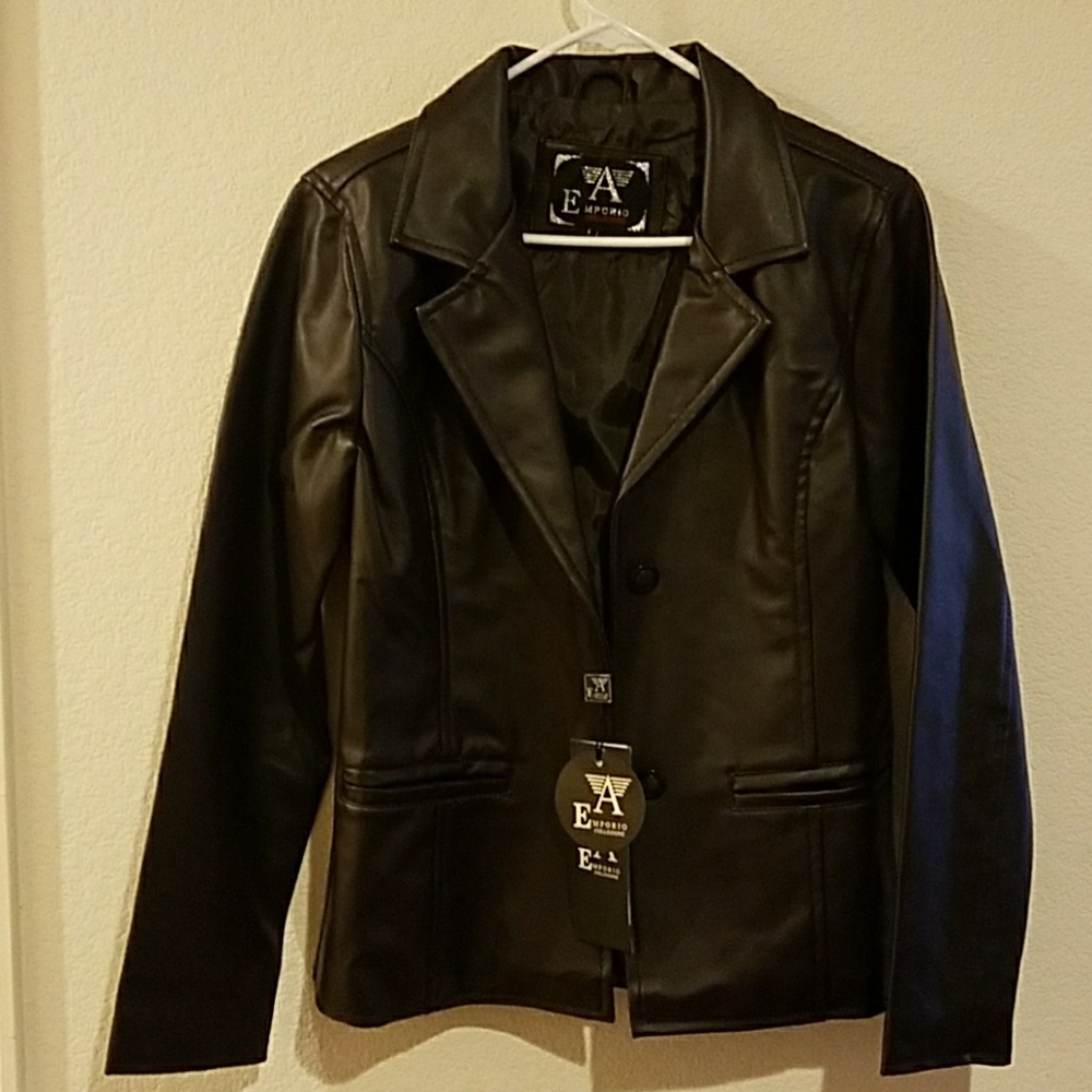 New Dark Brown Faux Leather Button Up Jacket