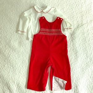Anavini Smocked Baby Red Coveralls & White Shirt