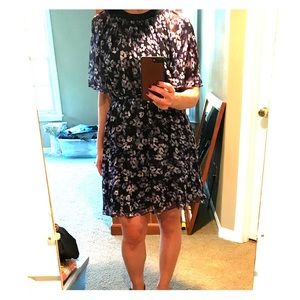 Romantic, floaty blue/purple floral dress.