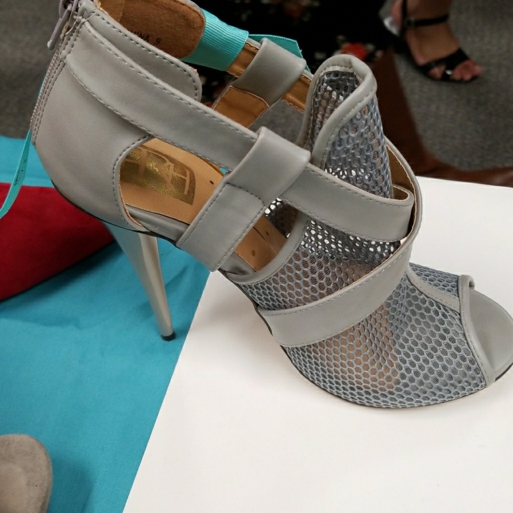 Grey open toe heels