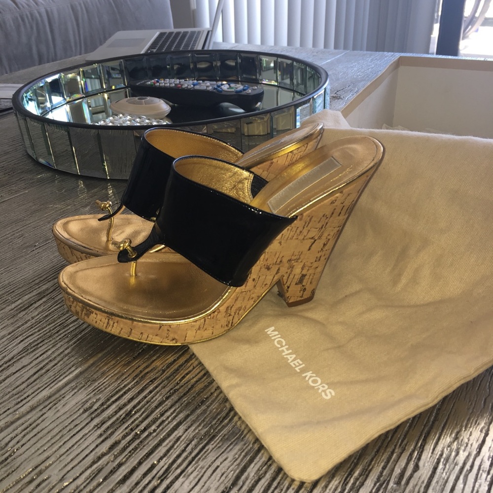Michael Kors black patent cork bottom wedge 7.5