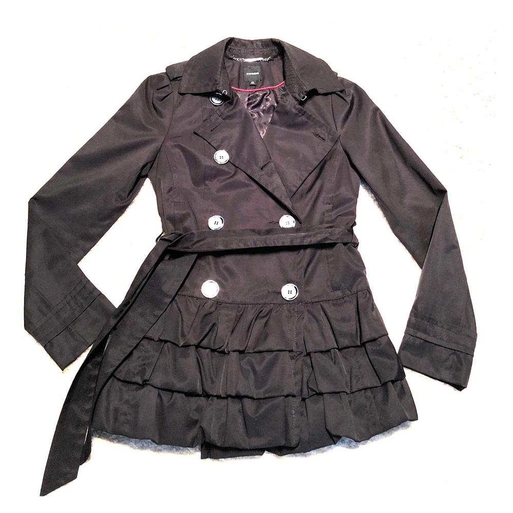 Belted black coat with ruffle waist.