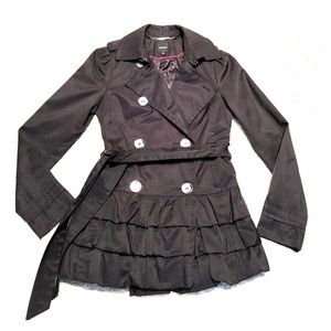 Belted black coat with ruffle waist.