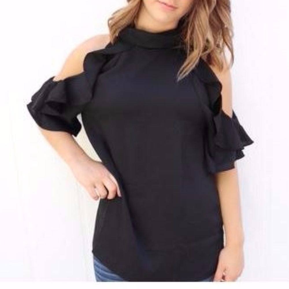 Boutique Cold Shoulder Ruffle Top