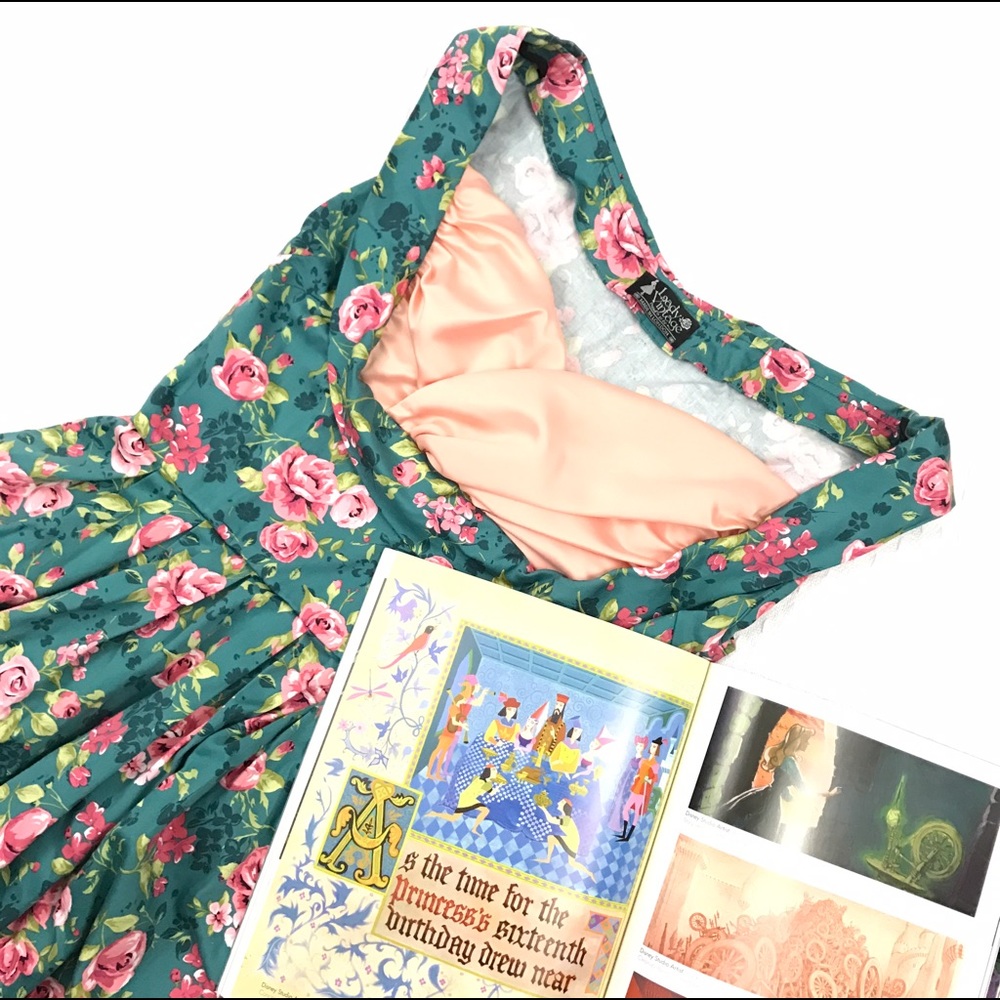 50s Pin Up Green Floral Pink Rose Dress