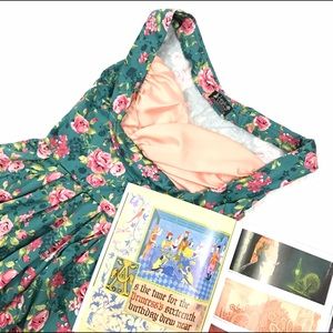 50s Pin Up Green Floral Pink Rose Dress
