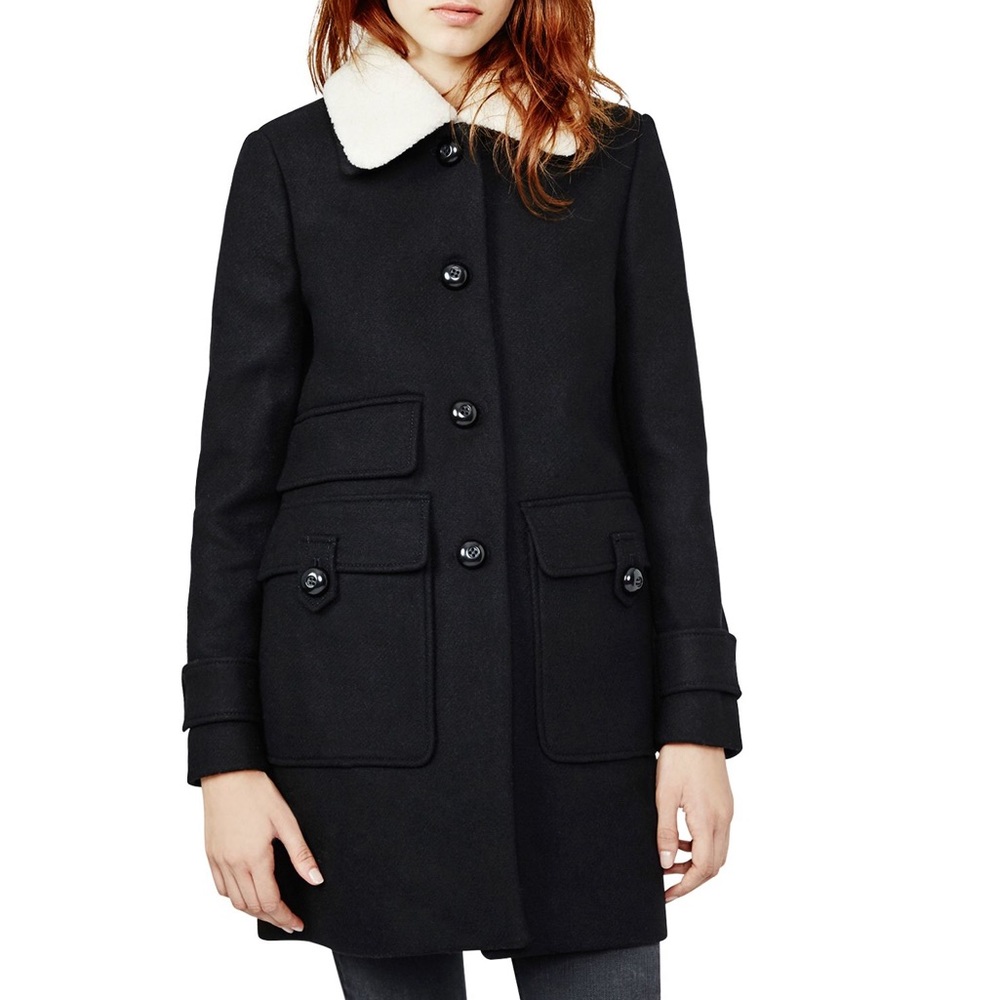 Maje S Galina Faux Sheepskin Collar Coat 80% wool