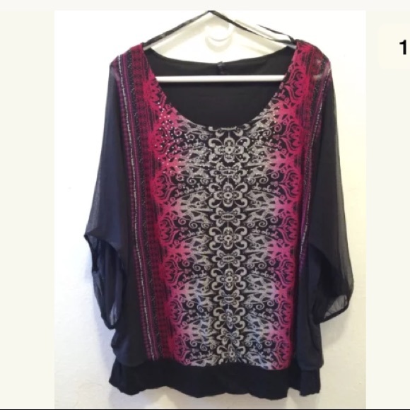 NWOT CROSSROADS OPEN SLEEVE TRIBAL PRINT MESH TOP - Picture 1 of 6