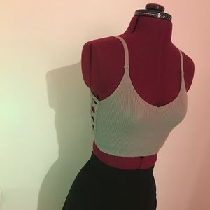 Olive V-Neck Crop Top with Crosshatch Sides
