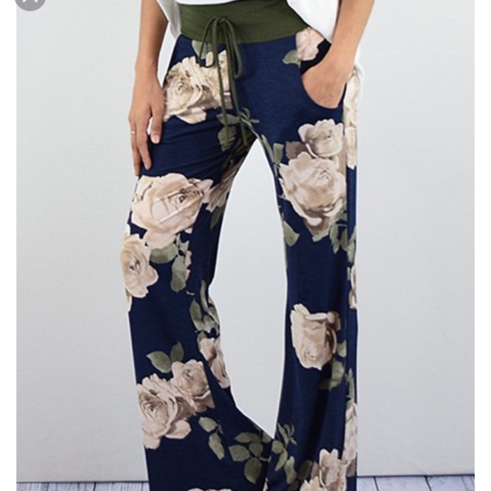 Drawstring High Waisted Floral Palazzo Pants
