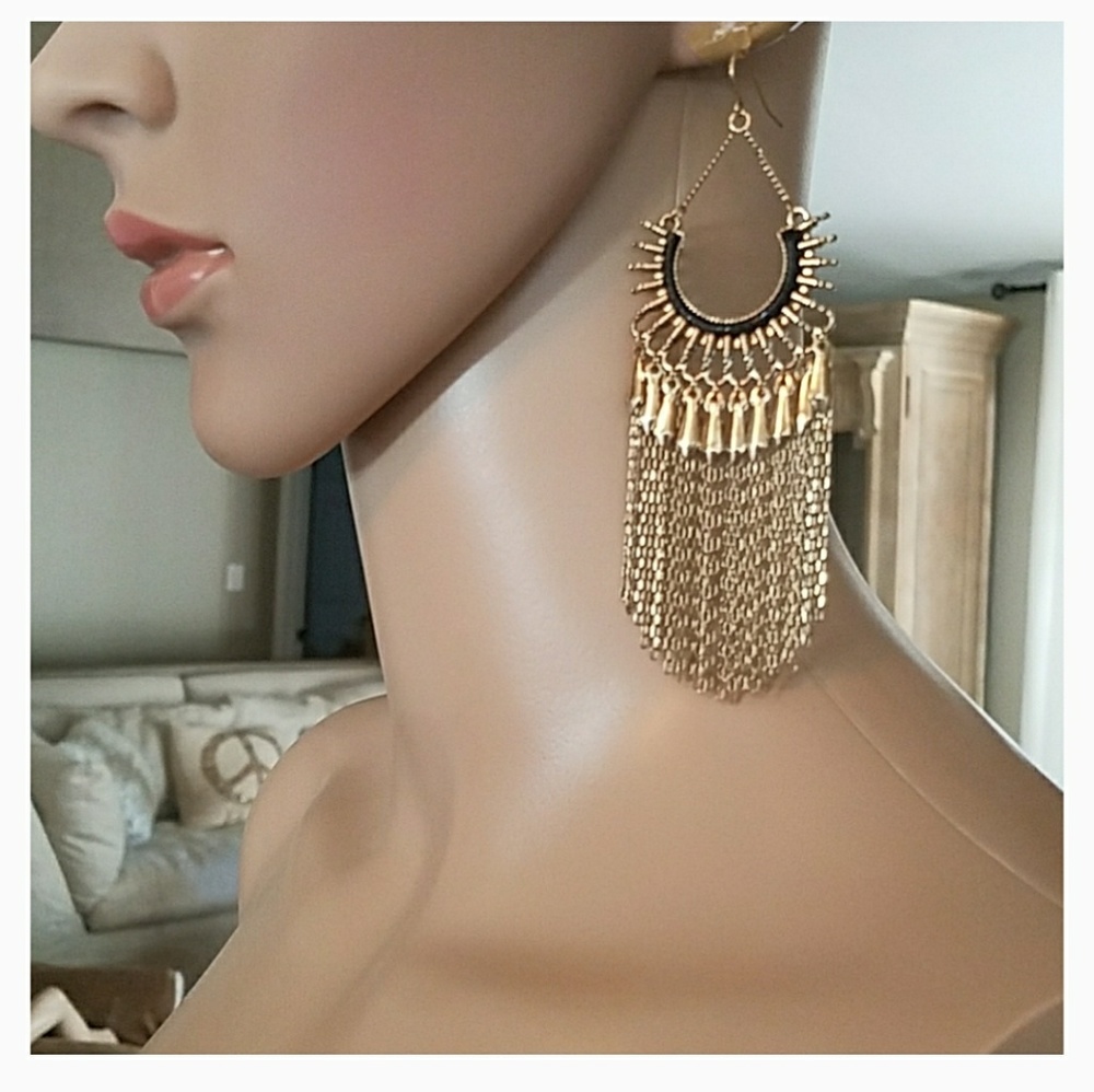 💝ADIA KIBUR Earrings Gold Fringe & Leather NWT