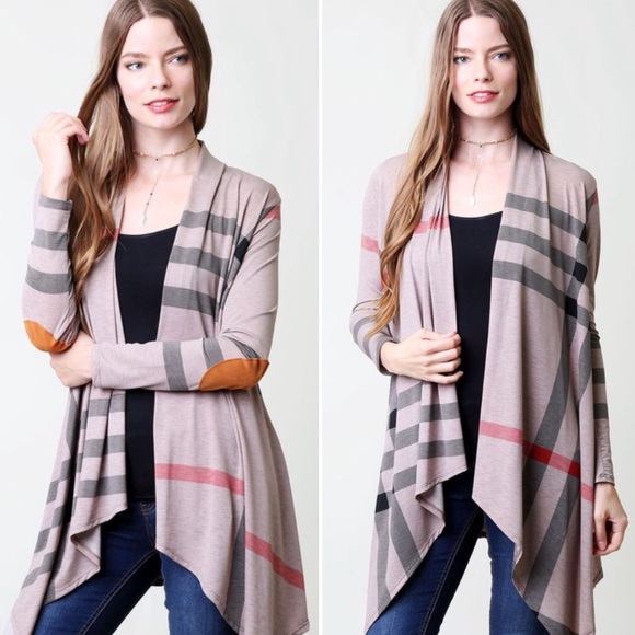Last 1!!! SMALL Mocha elbow patch plaid Cardigan - Picture 2 of 4