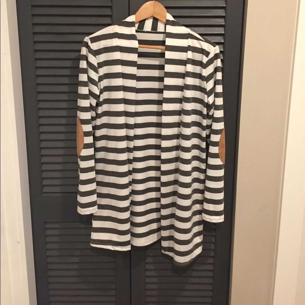 Striped Long Open Cardigan with Elbow Patch