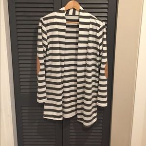 Striped Long Open Cardigan with Elbow Patch