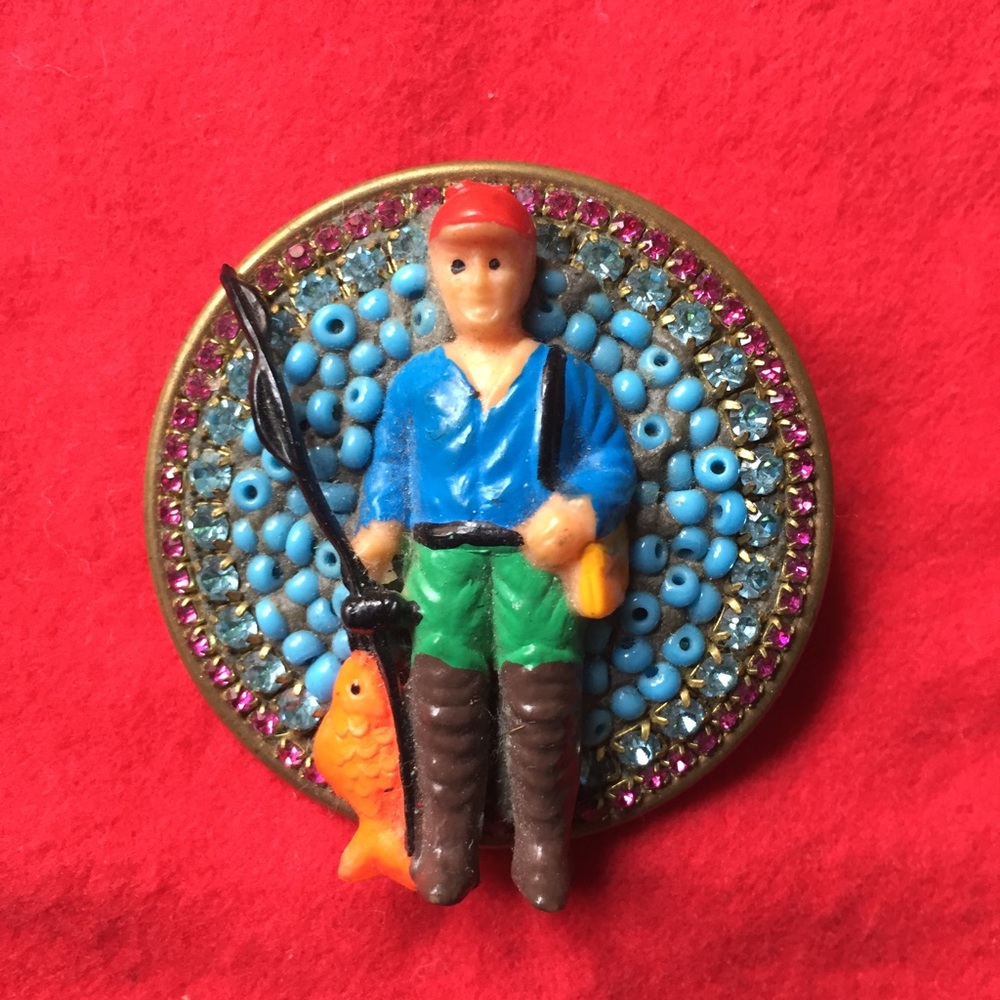 Vintage Handmade Rhinestone Fisherman Pin