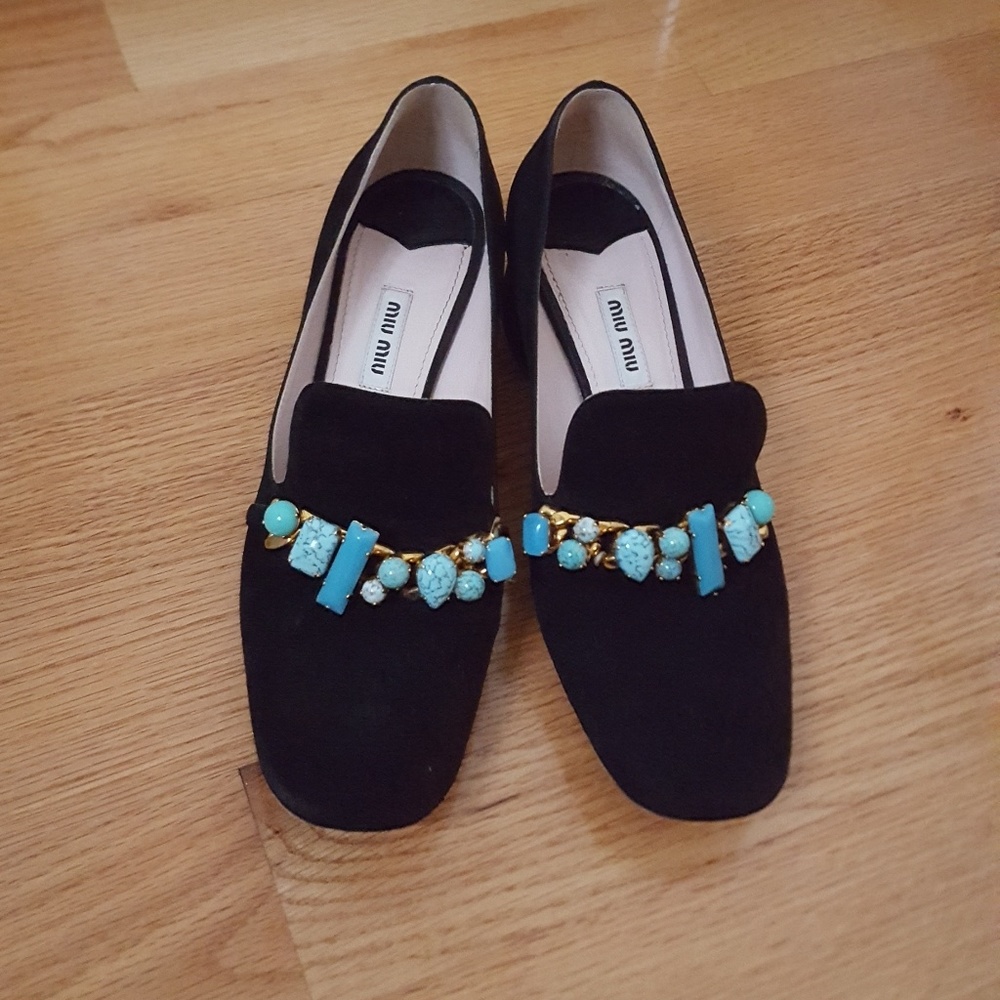 MIU MIU turquoise black suede loafers