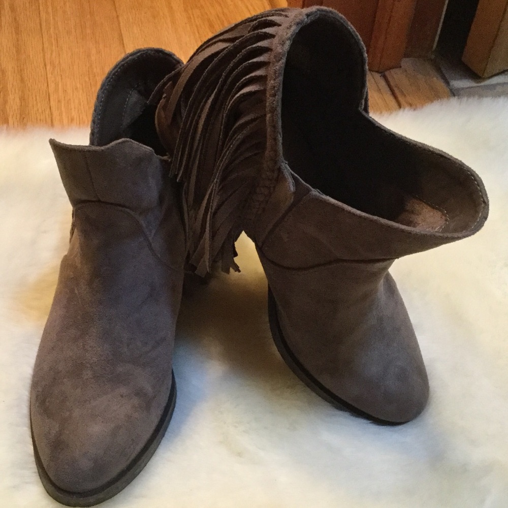 Tan fringe booties