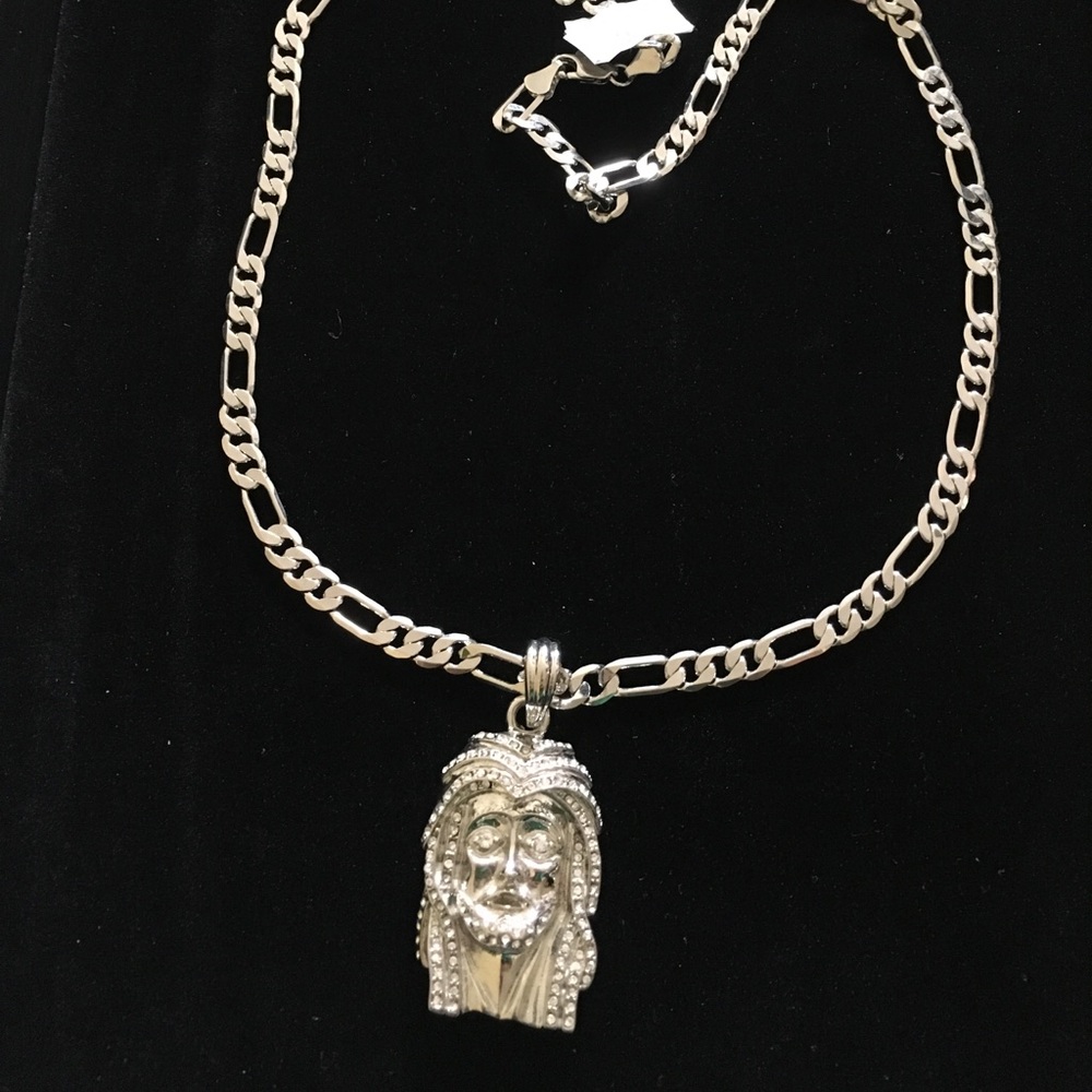 New silver plate Jesus pendant chain necklace clear crystals 24"
